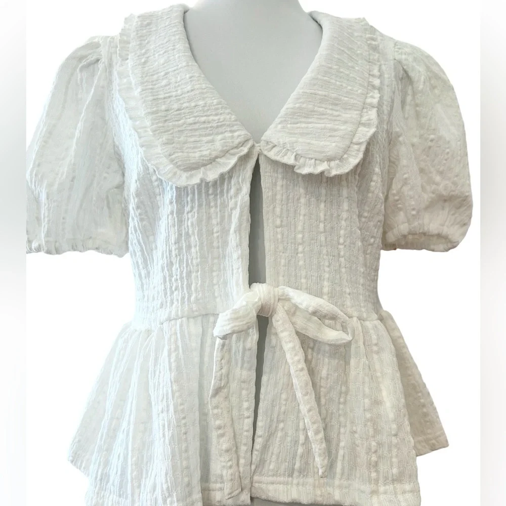 TAES Cottagecore Romantic White Peplum Blouse Peter Pan Collar Tie Front Small - Picture 5 of 10